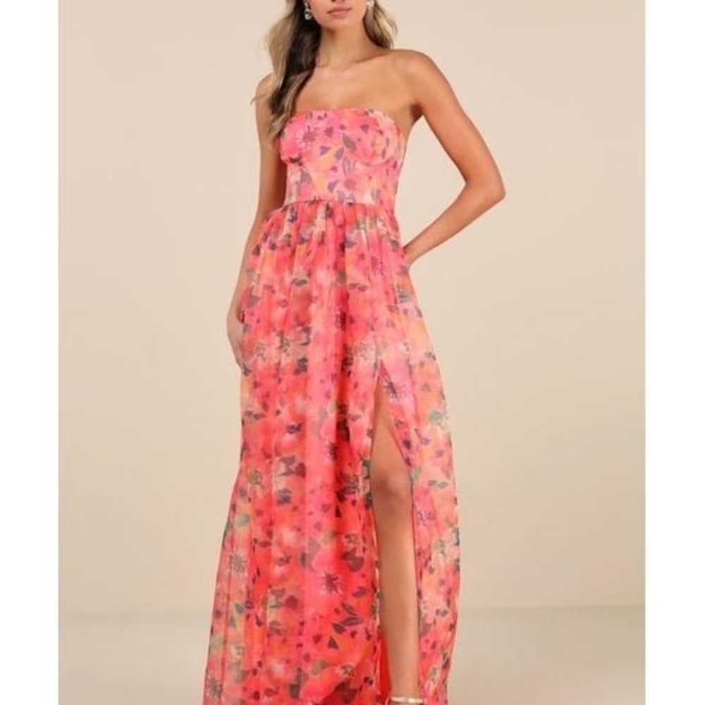 Lulu's Coral-Pink Floral Strapless Maxi Dress